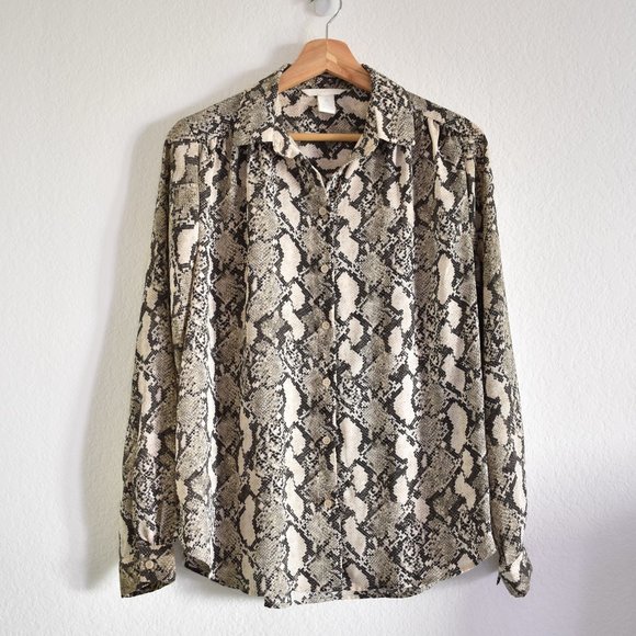 H&M Beige Snakeskin Pattern Chiffon Long Sleeve Blouse - Picture 8 of 14